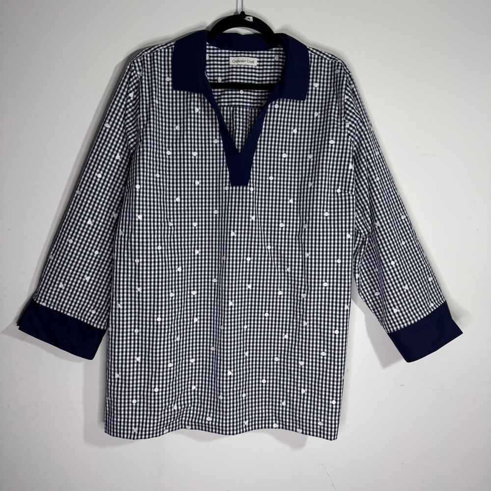 Coldwater Creek Navy Gingham Embroidered Tunic Top 3/4 Sleeve Womens 12